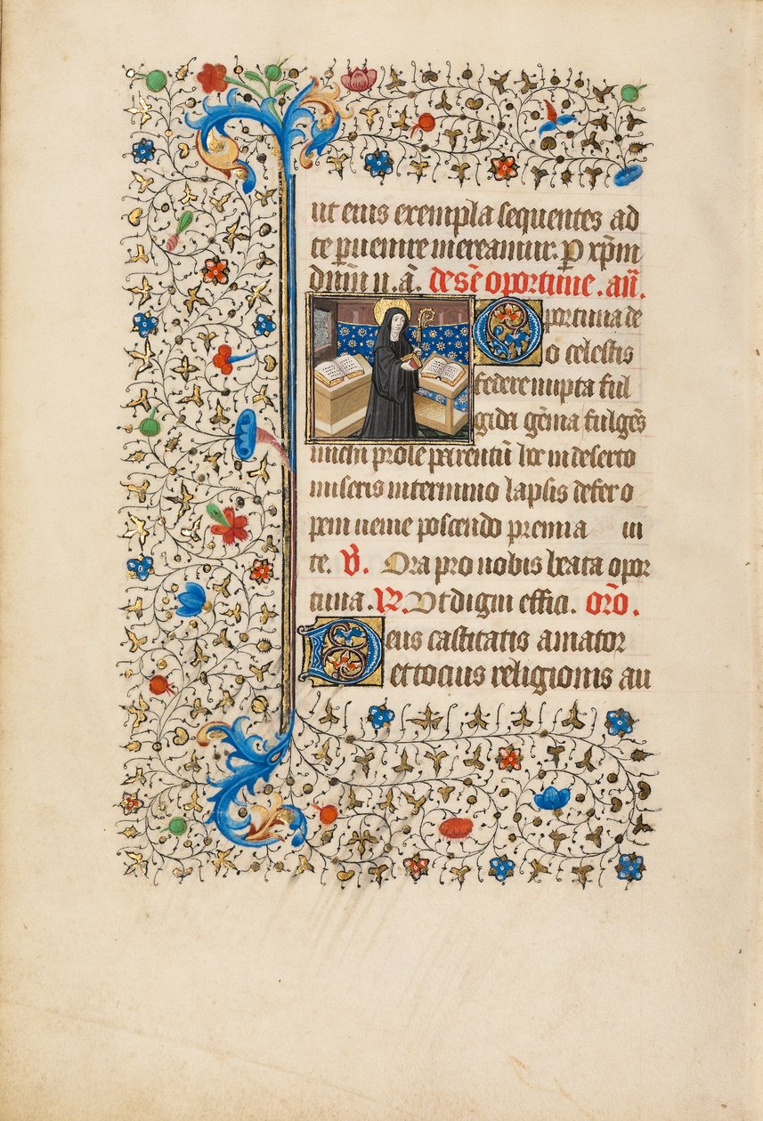 Abbess Opportuna com uma equipe e um livro, c.1440-50 (tempera, folha de ouro, tinta e tinta em pergaminho) de Bedford Master Workshop Bedford Master Workshop