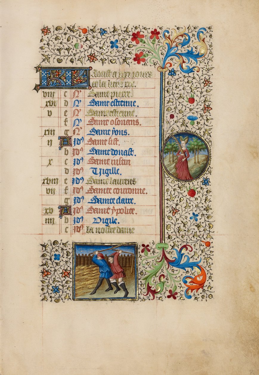 Página do calendário de agosto; Debulha; Virgem de Bedford Master