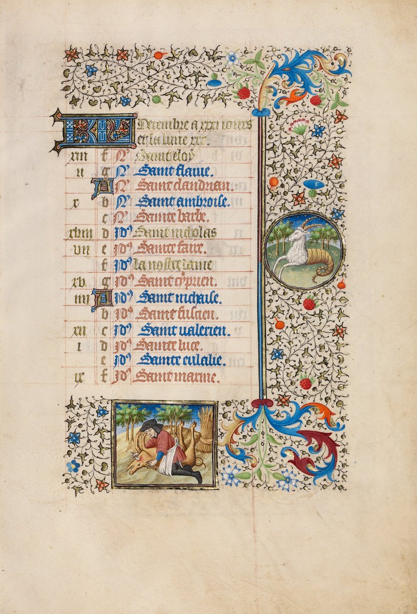 Página do calendário de dezembro; Abate de um porco; Capricórnio de Bedford Master