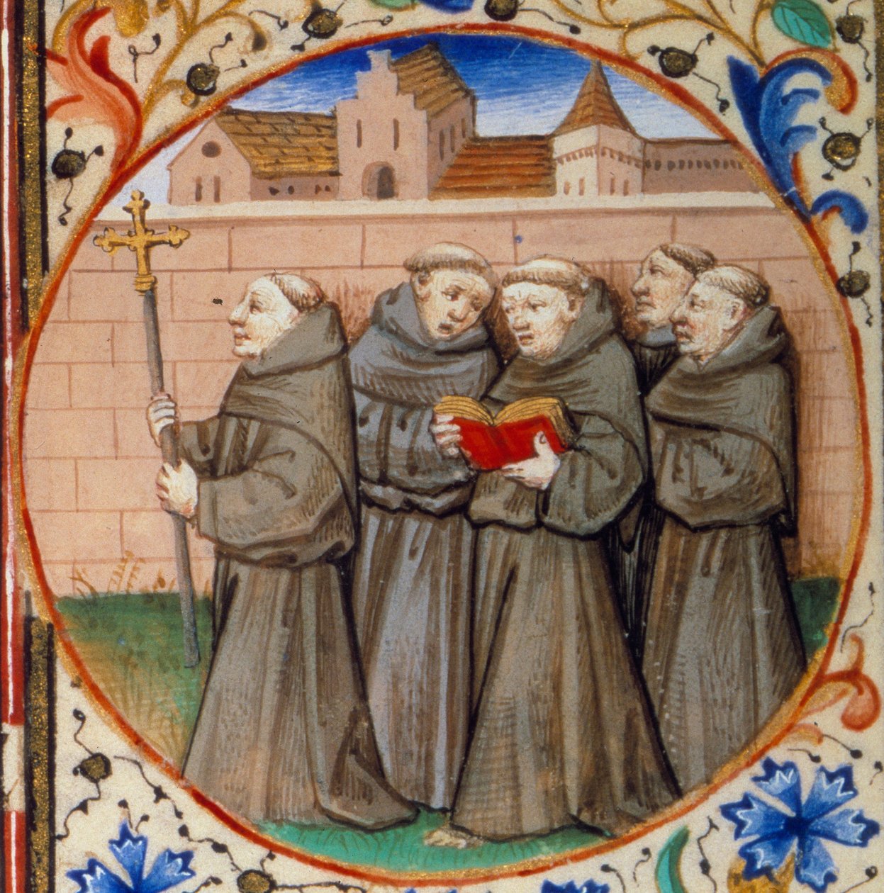 Cena de vida monástica. Detalhe representando os monges da Ordem dos Franciscanos. Miniatura tirada do "Livro de horas segundo o uso de Paris", iluminado pela oficina do Mestre de Bedford. 1450. Paris, B.N. de Bedford Master Workshop