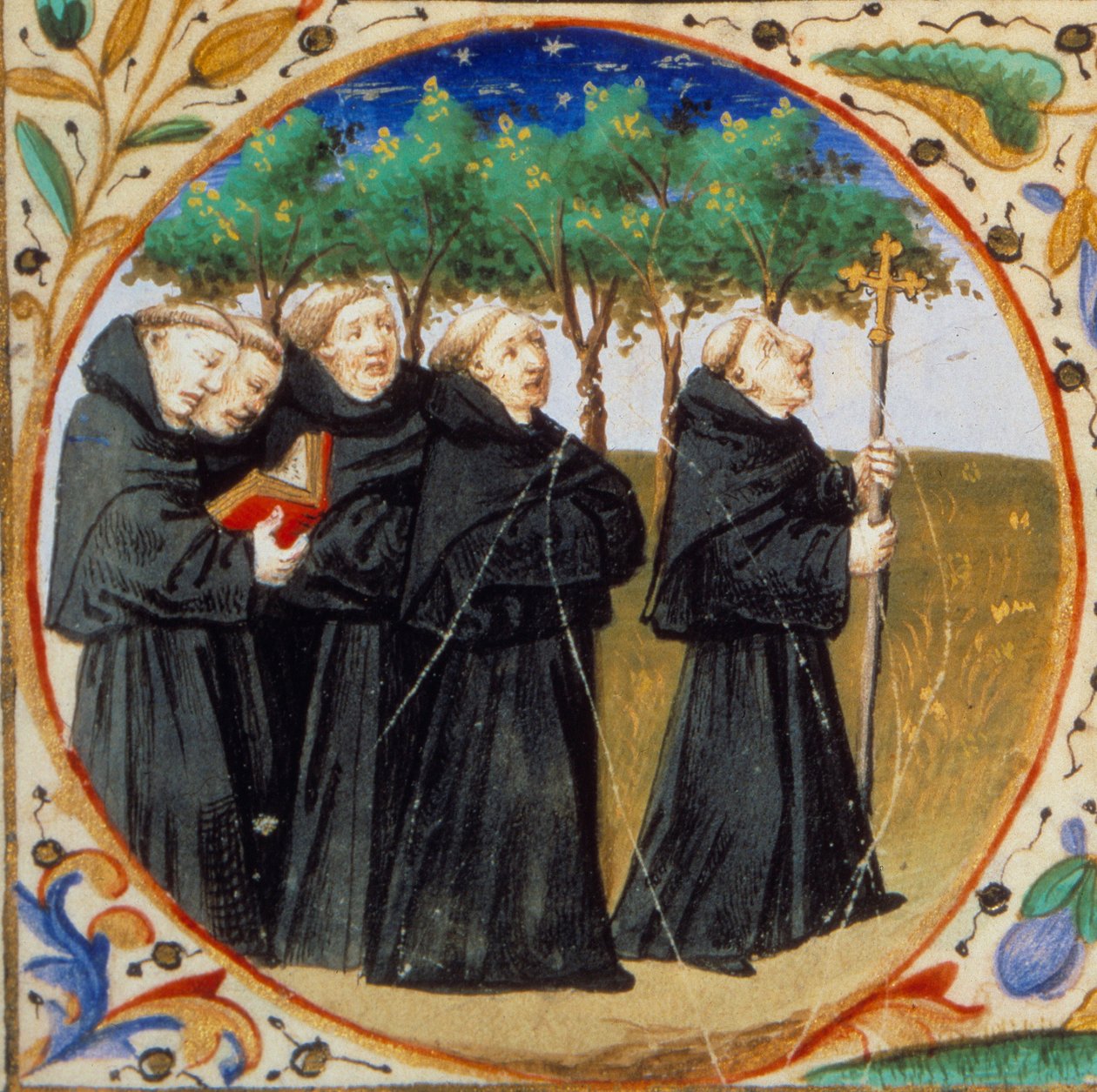 Cena de vida monástica. Detalhe representando monges da ordem dos agostinianos. Miniatura tirada do "Livro de horas de acordo com o uso de Paris" iluminado pela oficina do Mestre de Bedford. 1450. Paris, B.N. de Bedford Master Workshop