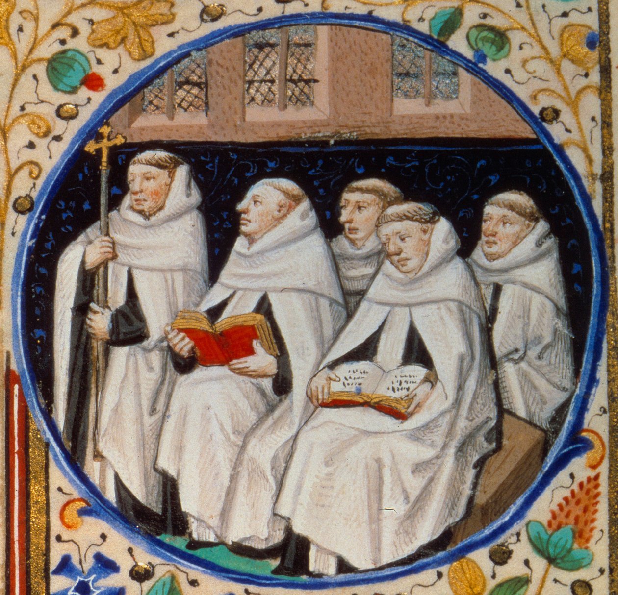 Cena de vida monástica. Detalhe representando monges da ordem do Carmen. Miniatura tirada do "Livro de horas de acordo com o uso de Paris", iluminado pela oficina do Mestre de Bedford. 1450. Paris, B.N. de Bedford Master Workshop