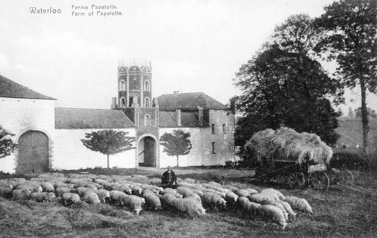 Fazenda de Papelotte, um importante local estratégico para Wellington durante a batalha de Waterloo, cartão comemorativo, c.1912 (photolitho) de Belgian Photographer