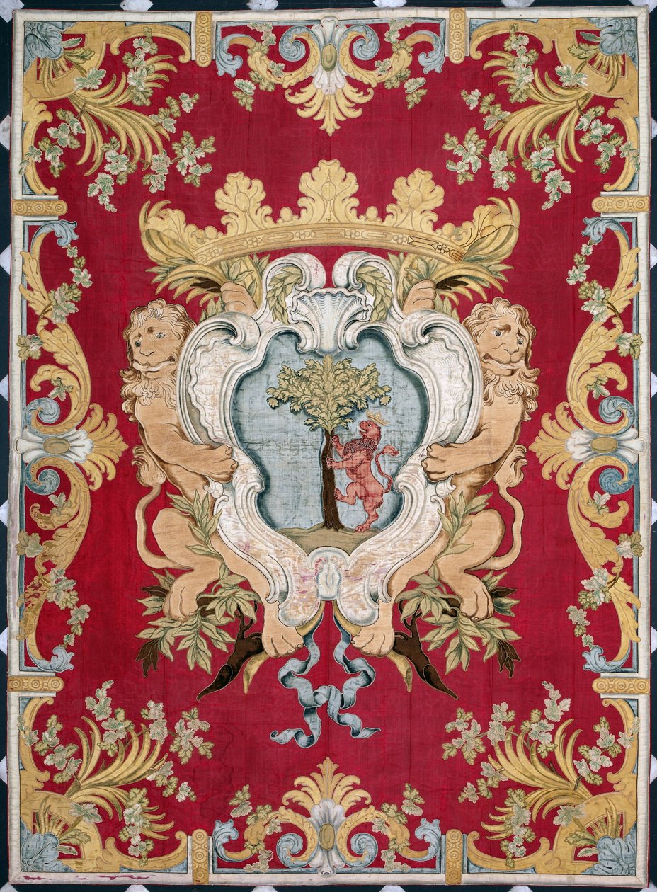 Brasão da nobreza com um leão e uma árvore. Tapeçaria das manufacturas de Bruxelas. Século XVI Genes, Musei di Strada Nuova de Belgian School