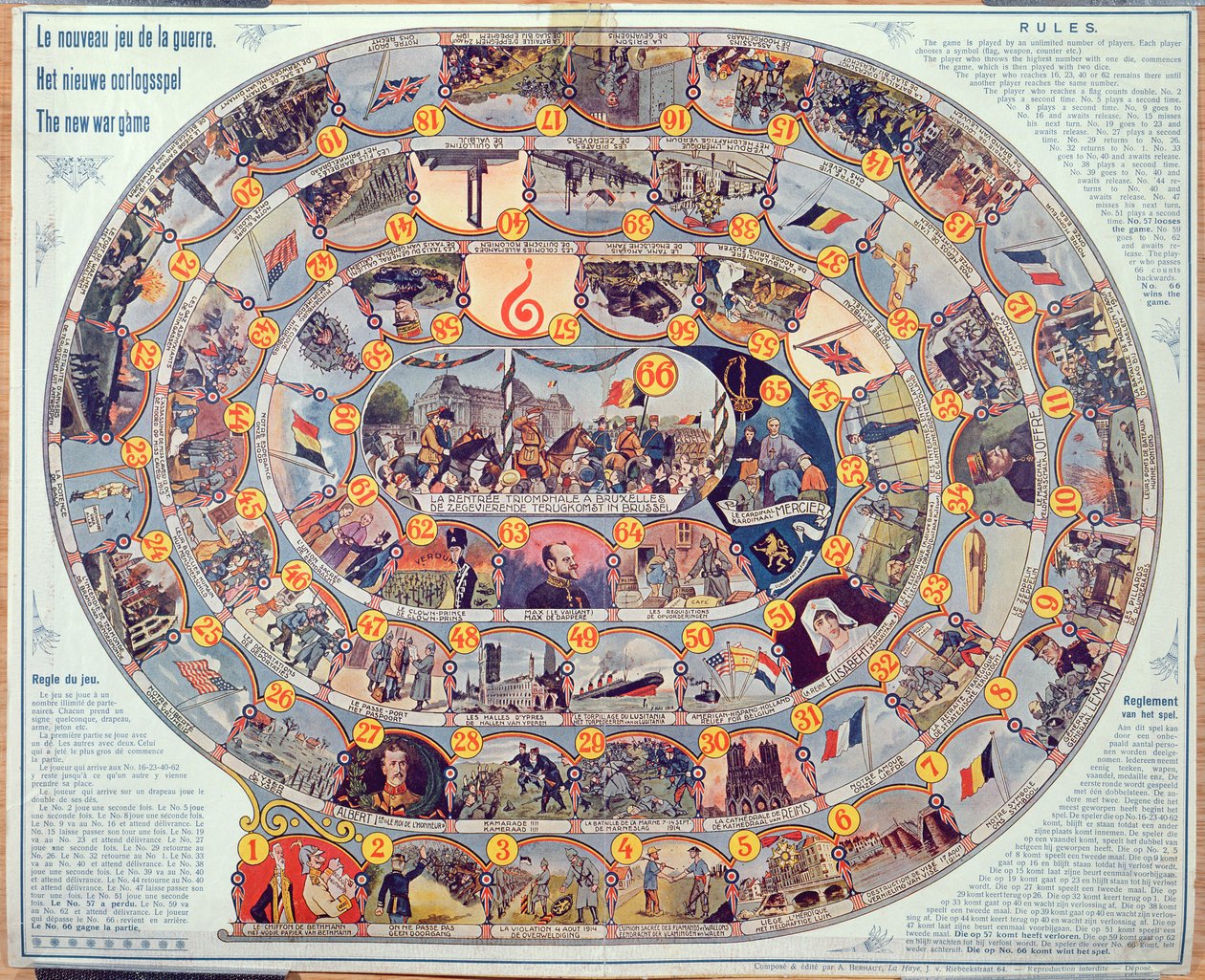Jogo de tabuleiro de eventos e o desenvolvimento da 1ª Guerra Mundial na Bélgica, c.1918-19 de Belgian School