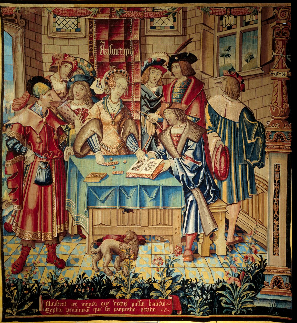 Cortina a ilustrar as artes liberais: Aritmética. Tapeçaria de lã e seda feita por volta de 1520 em Tournai. Sol 3,1x2,9 m Paris, museu nacional da Idade Média, Termas de Cluny de Belgian School