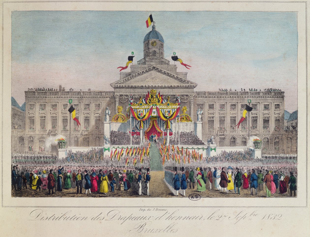 Distribuição das Bandeiras de Honra em Bruxelas, em 27 de setembro de 1832, 1832 (gravura a cores) de Belgian School