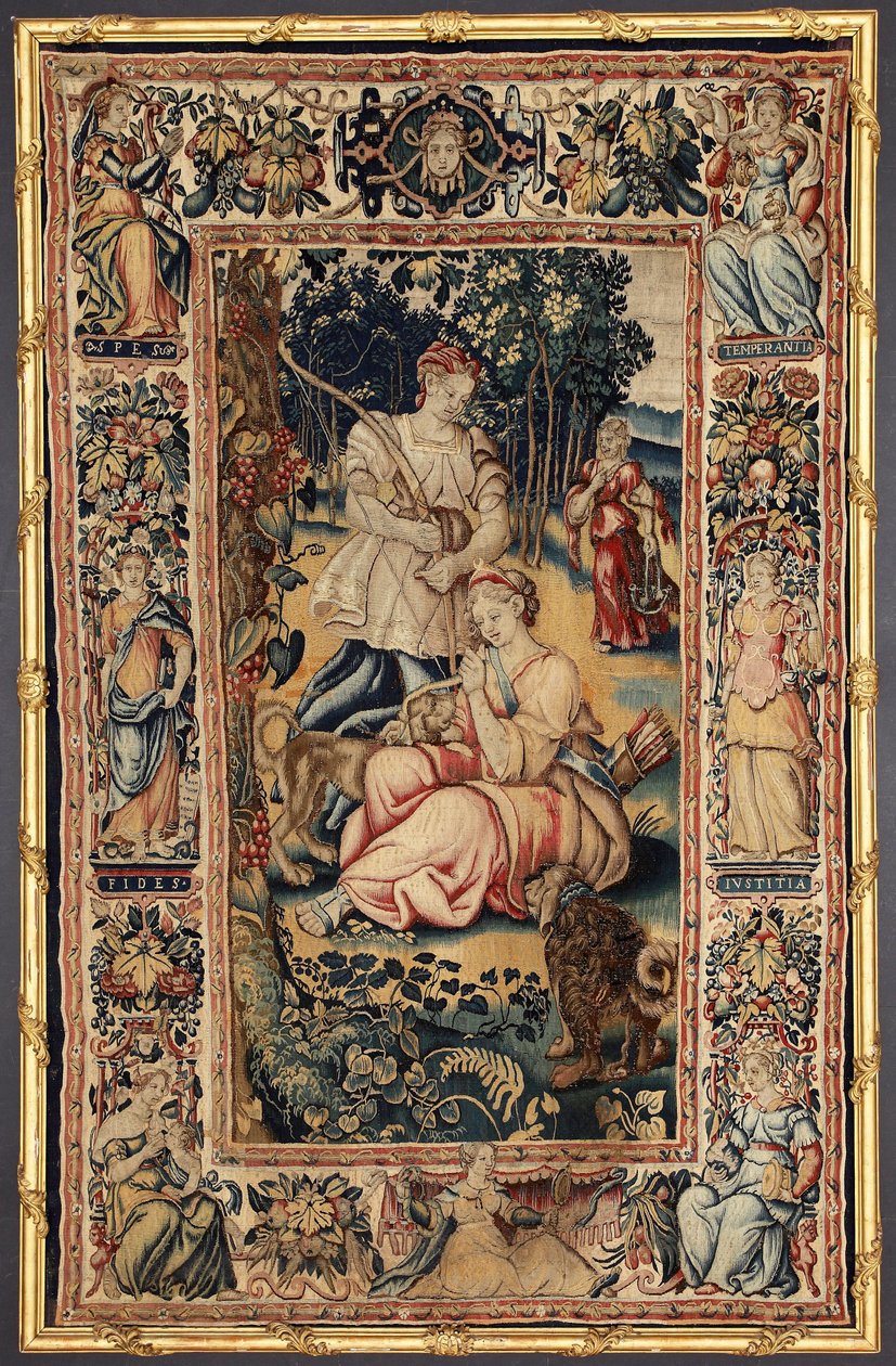 Deusa da caça Diane e da Virtude. Tapeçaria fabricada nas manufacturas de Bruxelas. Século XVI Genes, Musei di Strada Nuova de Belgian School