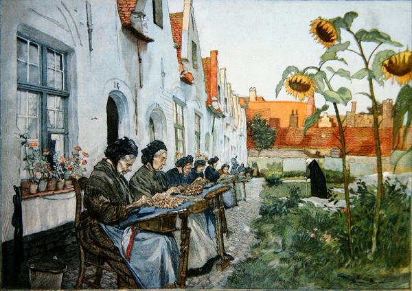 Lacemakers no jardim de um lar de idosos em Bruges de Belgian School