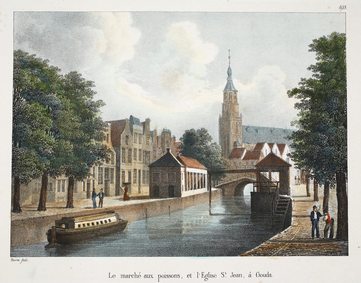 O mercado de peixe, e a igreja de St Jean em Gouda, c.1895 (photochrom) de Belgian School