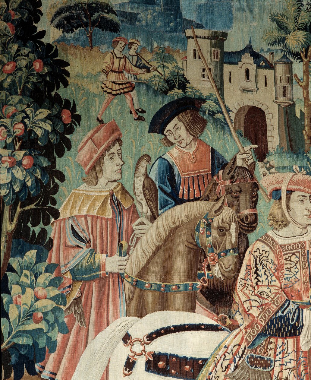 Idade Média: o início da caça ao falcão, a cavalo. Pormenor de uma tapeçaria de seda e lã do início do século XVI. Do Hainaut. Paris, Museu Nacional da Idade Média, Thermes de Cluny de Belgian School