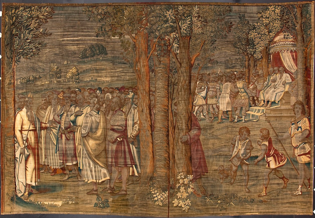 Moise estabelecendo a Justiça Tapeçaria de Dionys Martensz a partir dos cartuchos de Luca Cambiaso (1527-1584) e realizada nas manufacturas de Bruxelas 1561-1564 Dim. 392,5x220,5 cm Genes, Musei di Strada Nuova de Belgian School