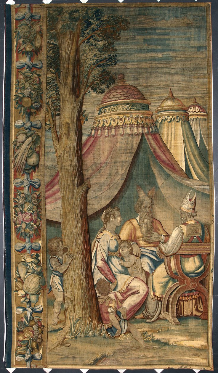 Moise com Jetro e Séfora Tapeçaria de Dionys Martensz a partir das caixas de Luca Cambiaso (1527-1584) feitas nas manufacturas de Bruxelas 1561-1564 Dim. 391x141,2 cm Genes, Musei di Strada Nuova de Belgian School