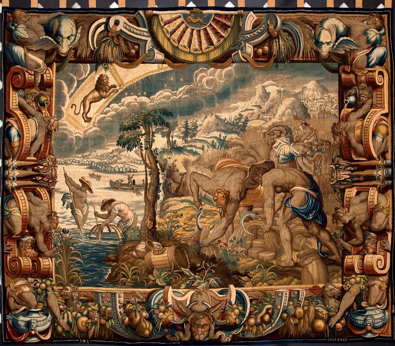 Mês de agosto: Tapeçaria "A Colheita" de Jan Raes (ativo por volta de 1610-1631) realizada pelas manufacturas de Bruxelas. Século XVII Genes, Musei di Strada Nuova de Belgian School