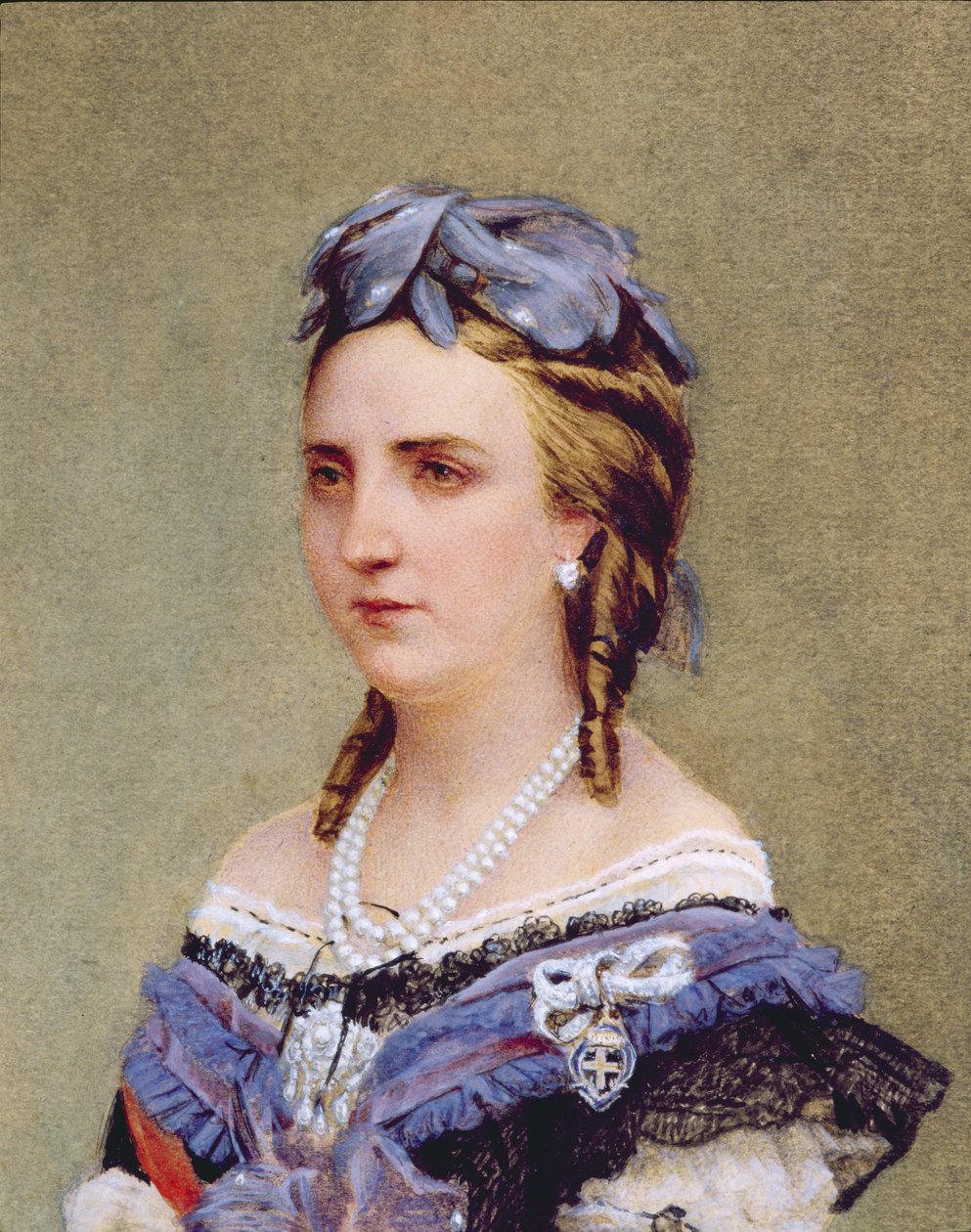 Retrato de Charlotte de Saxe-Cobourg-Gotha (1840-1927) Princesa da Bélgica e Imperatriz do México (wc no papel) (detalhe) de Belgian School