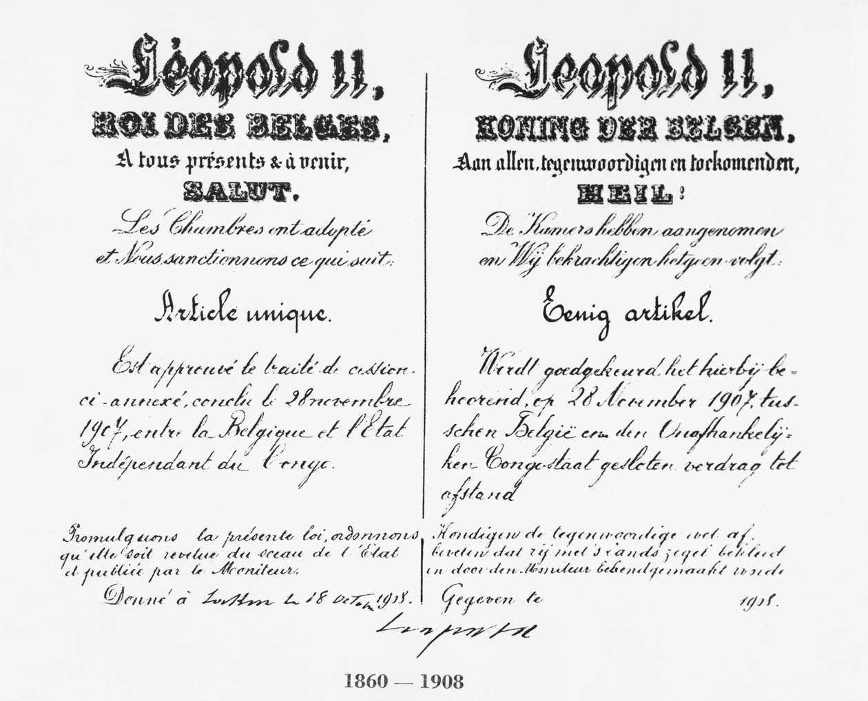 Assinatura do Rei Leopoldo II (1835-1909) aprovando a anexação do Congo à Bélgica, 1908 de Belgian School