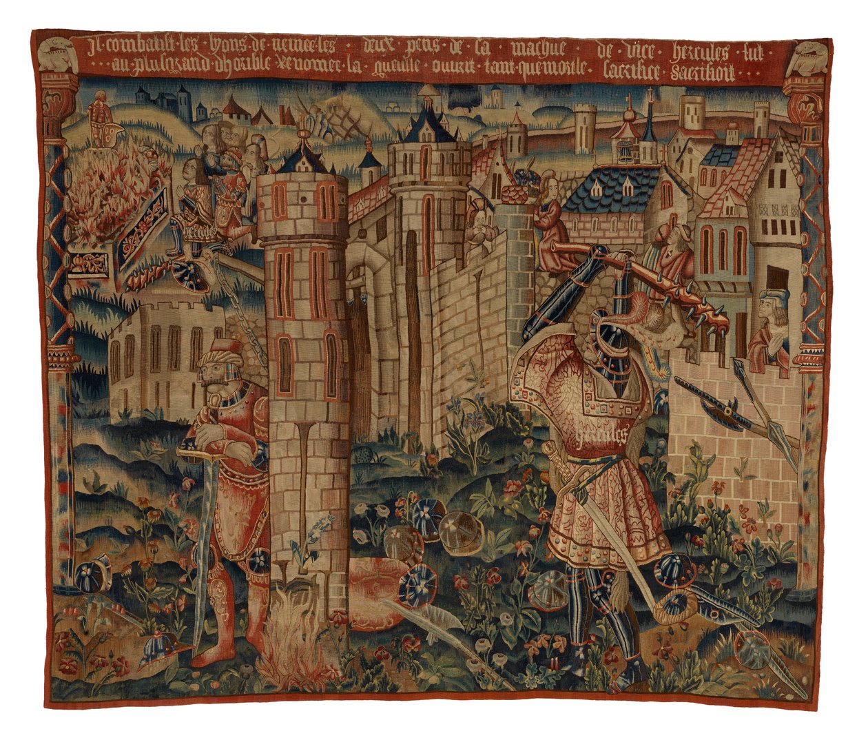 Tapeçaria, Hércules à porta da cidade de Prycus, ou Hércules assaltando uma cidade, possivelmente de Tournai (lã e seda) de Belgian School