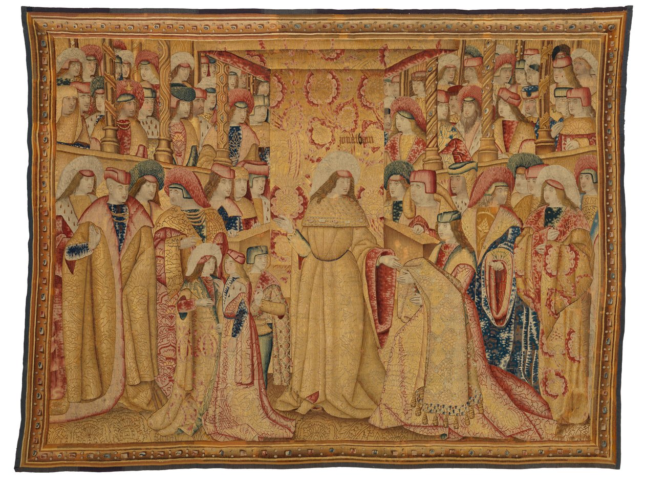 Tapeçaria, Jonathan Maccabeus recebendo um manto púrpura, feita em Bruxelas, Bélgica, cerca de 1490-1500 (lã e seda) de Belgian School