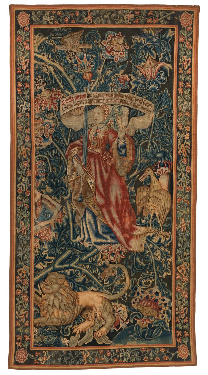 Tapeçaria, Sibylla Europa (uma das seis Sibilas do conjunto 46.134 a 45.139) denominada "As Tapeçarias Rothamsted". Fabricada na Flandres, Tournai ou Bruxelas, Bélgica, c.1530 (lã) de Belgian School