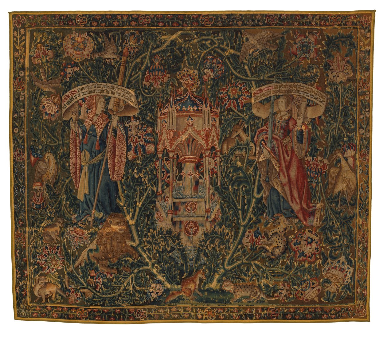 Tapeçaria, Sibylla Libya e Europa (uma de um conjunto de seis Sibilas, compreendendo 46.134 a 46.139) denominada "Tapeçarias Rothamsted", fabricada na Flandres, Tournai ou Bruxelas, Bélgica, c.1530 (lã) de Belgian School