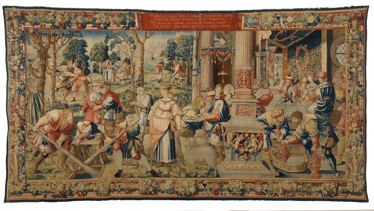 Tapeçaria, História de Labão, Jacob e Raquel, Génesis XXIX, feita em Bruxelas, Bélgica, c.1530 (lã e seda) de Belgian School