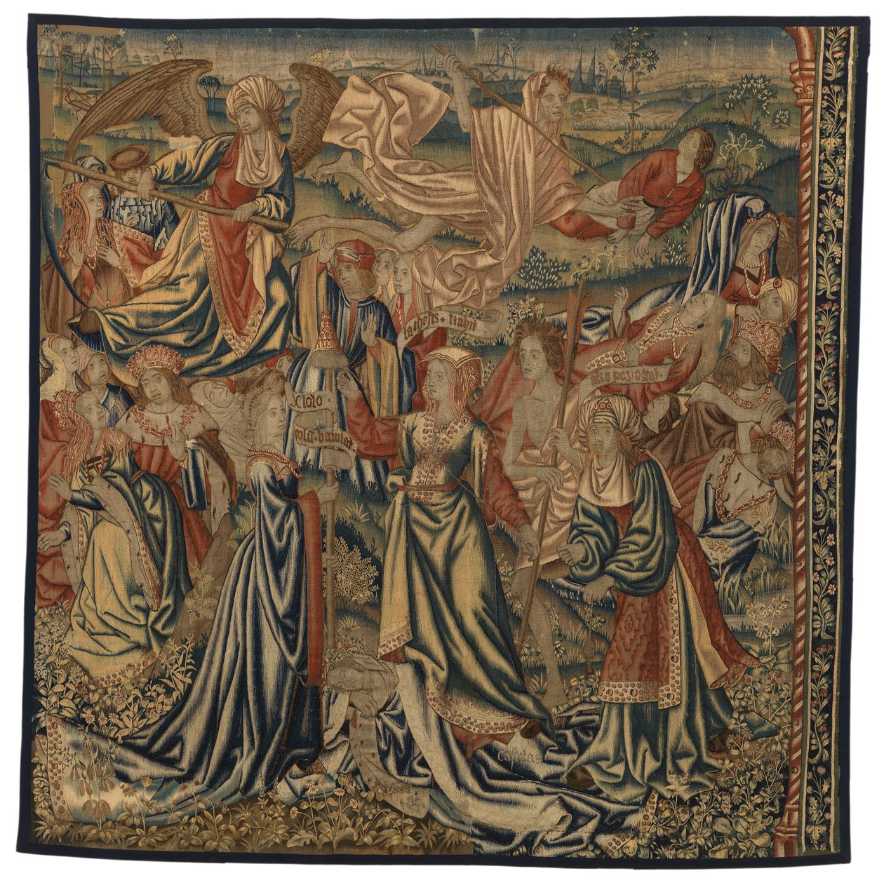 Tapeçaria, Triunfo da Morte sobre a Castidade com os Três Destinos, feita em Bruxelas, Bélgica, início do século XVI (lã e seda) de Belgian School