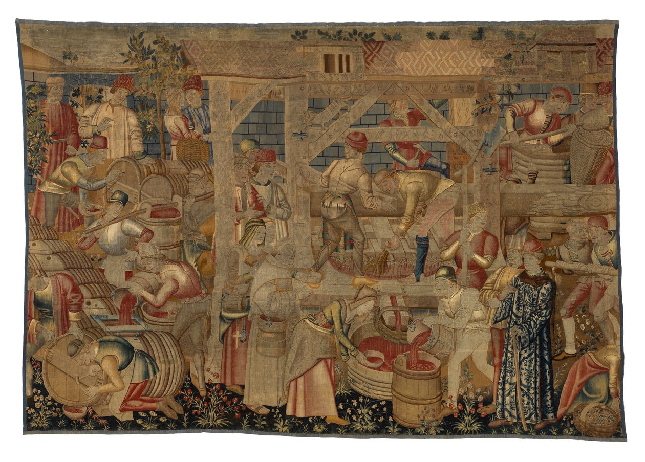 Tapeçaria representando os Prensadores de Vinho, de Tournai, c.1460-70 (lã) de Belgian School