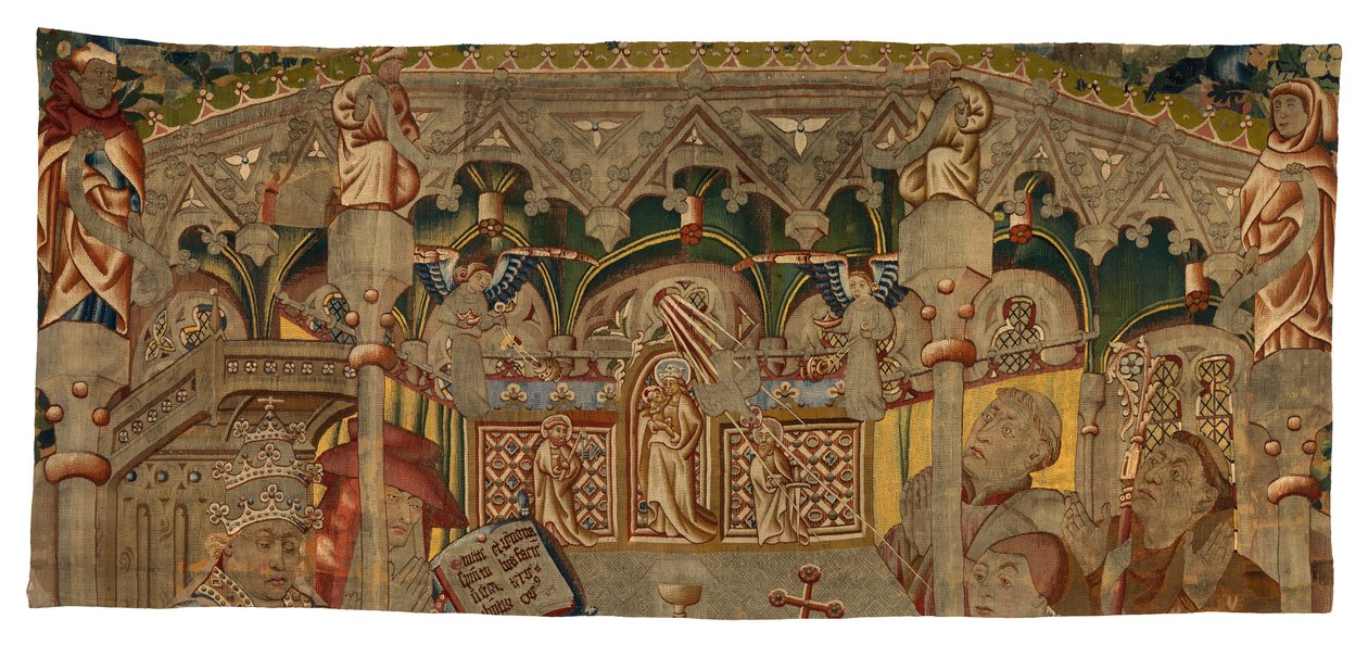 Fragmento de tapeçaria, representando Um Milagre do Santíssimo Sacramento, fabricado em Tournai, Bélgica de Belgian School