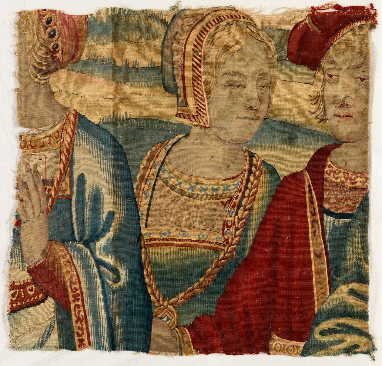 Fragmento de tapeçaria representando um homem e uma mulher, feito possivelmente em Bruxelas, Bélgica, início do século XVI (lã e seda) de Belgian School