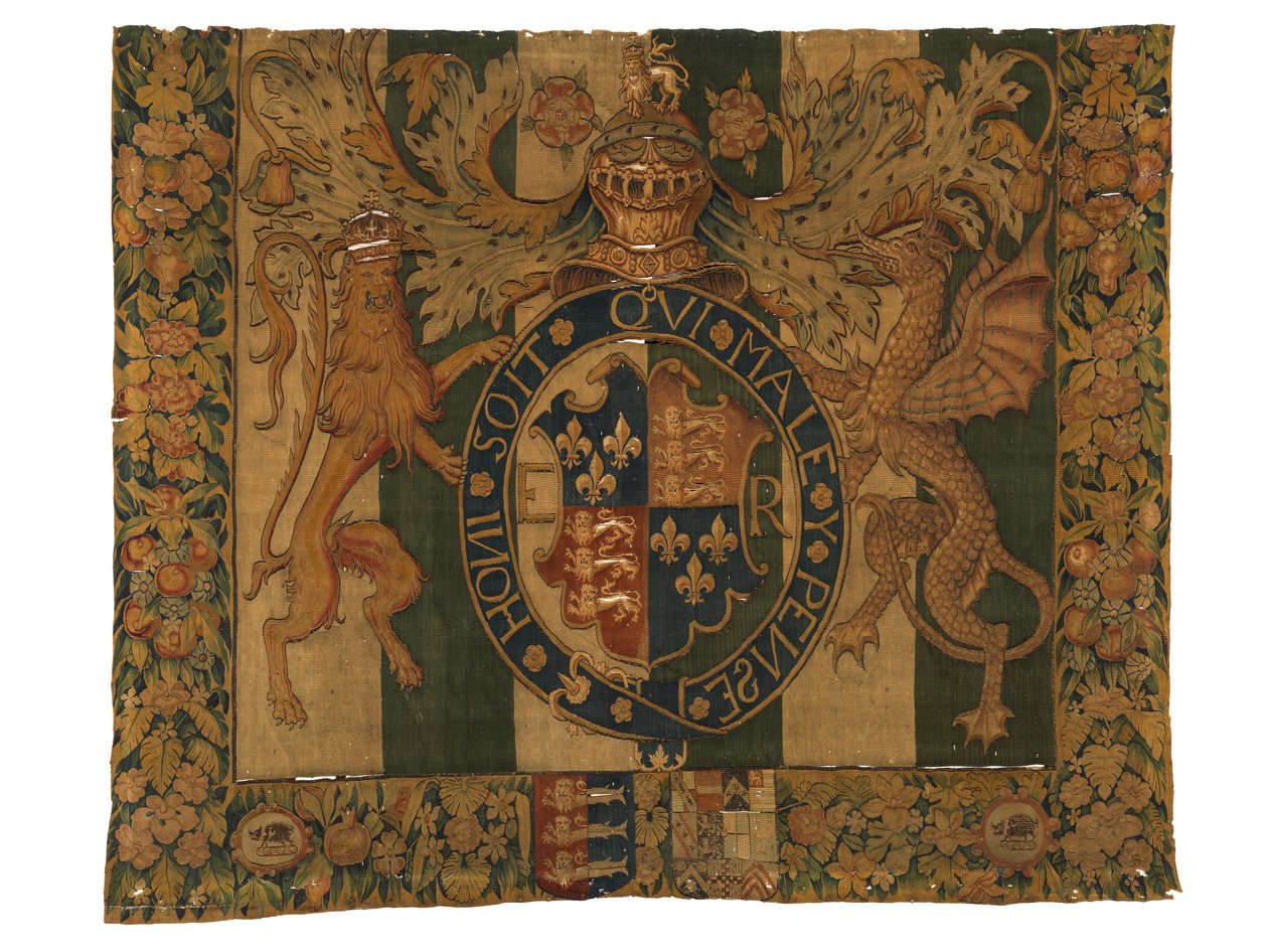 Tapeçaria com as armas reais de Eduardo VI e as armas de le Grys, fabricada provavelmente em Enghien, Flandres, Bélgica, c.1547-53 (lã) de Belgian School