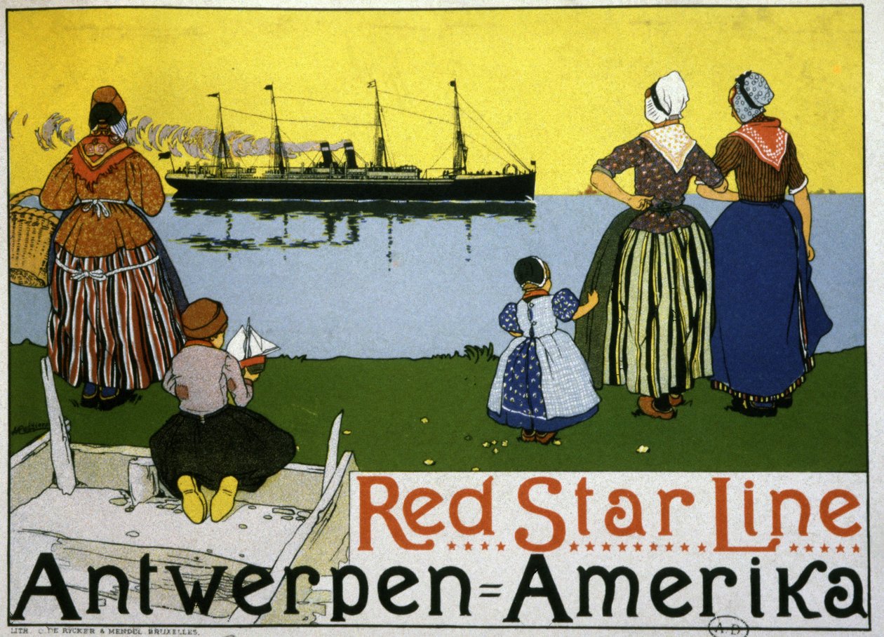 Navio transatlântico Antuérpia/América. Publicidade à Red Star Line, c.1900 (gravura) de Belgian School