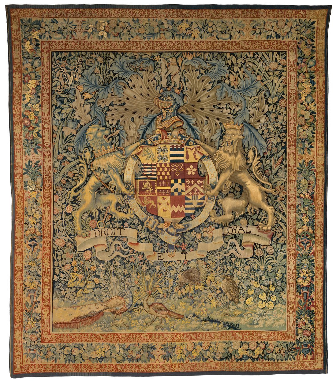 Tapeçaria de verdura com as armas de Robert Dudley, conde de Leicester (um de um par com 47.1), feita na Flandres, Bélgica, cerca de 1570-85 (lã e seda) de Belgian School