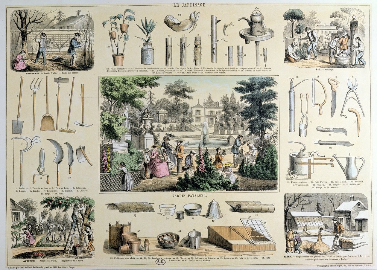 Representação educacional de jardinagem, com ilustrações de ferramentas de jardinagem e cenas mostrando as atividades apropriadas para cada estação (gravura colorida) de Belin and Bethmont