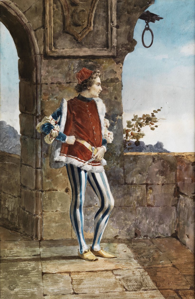 Juventude cortês em um traje medieval em uma parede com vista para a paisagem de Belisario Gioja
