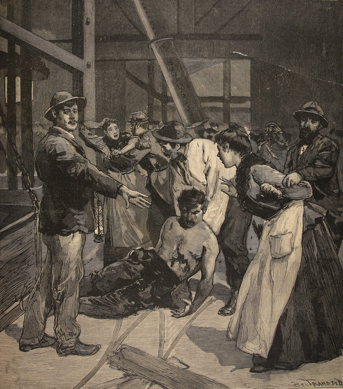 Explosão Firedamp nas Minas em Saint-Etienne, de &39;Le Petit Parisien&39;, 20 de dezembro de 1891 de Beltrand and Clair Guyot, E. Dete