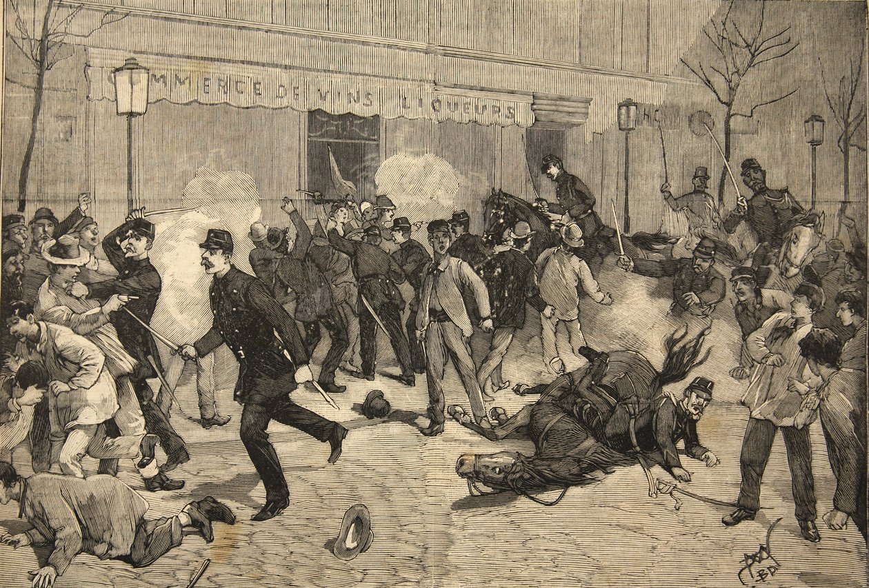 O motim em Clichy, França, de "The Little Parisian", 1 de maio de 1891 de Beltrand and Clair Guyot, E. Dete