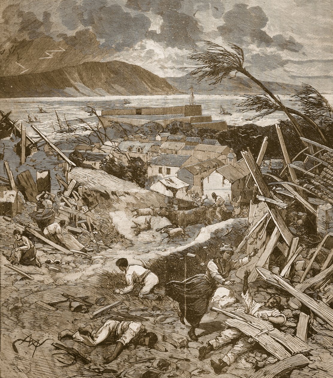 Caminho de um ciclone para Fort-de-France, Martinica, de "The Little Parisian", 30 de agosto de 1891 de Beltrand and Clair Guyot, E. Dete