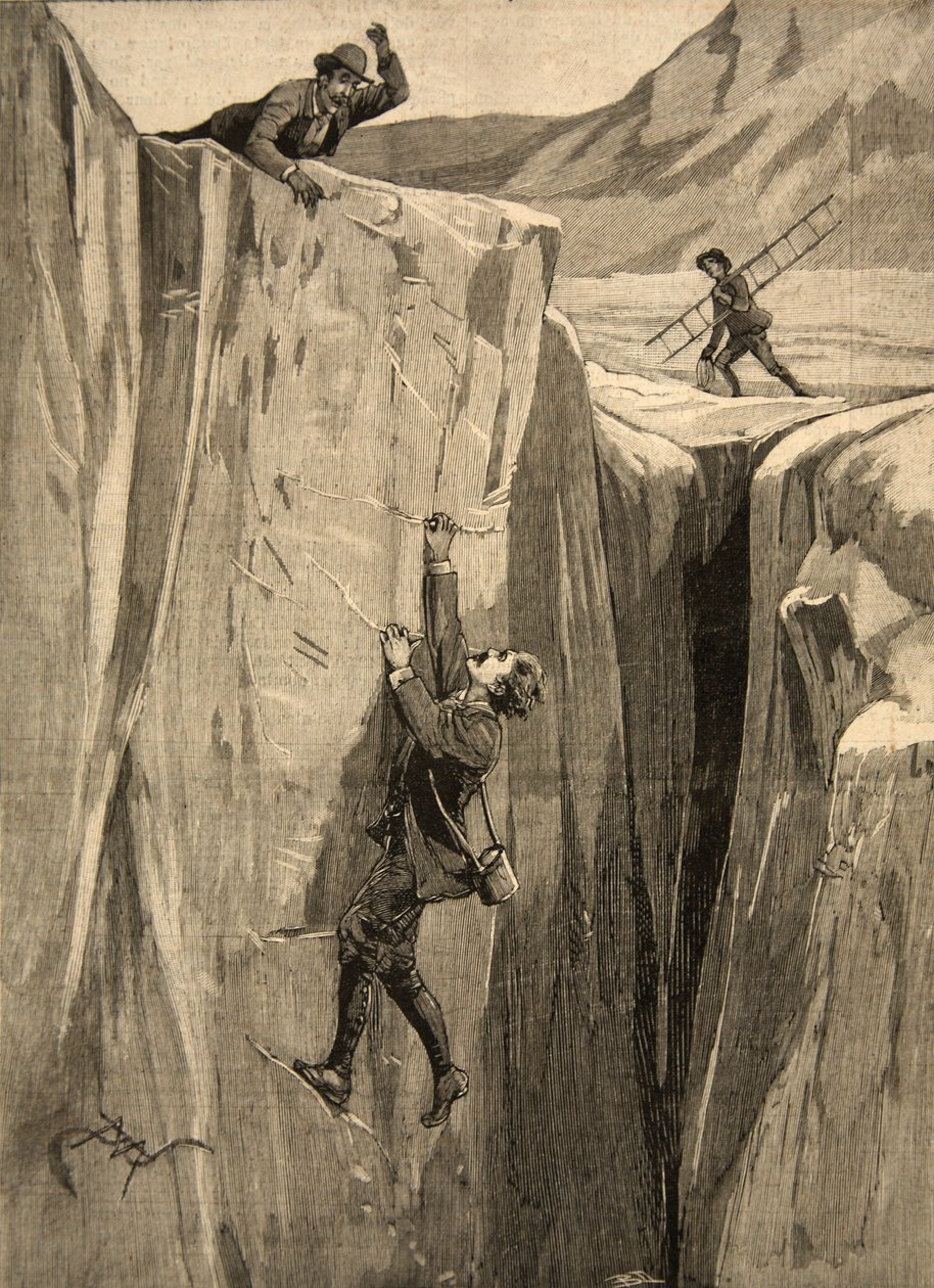 Um turista pendurado em uma fenda nos Alpes, de &39;Le Petit Parisien&39;, 23 de agosto de 1891 de Beltrand and Clair Guyot, E. Dete