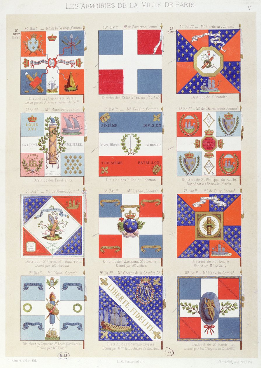 Bandeiras dos vários distritos de Paris (gravura a cores) de Robert Benard