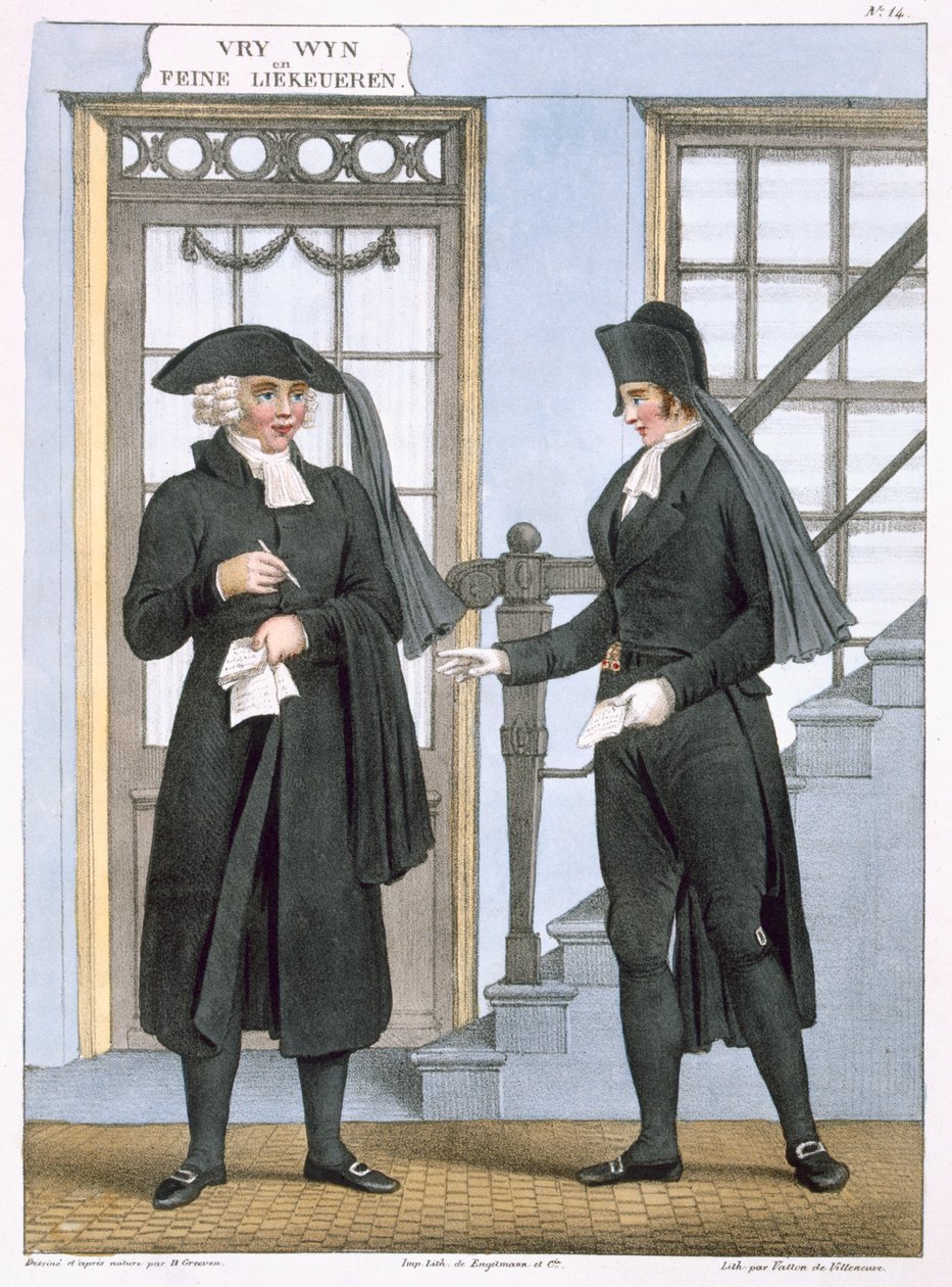 Oficiais fúnebres de Amsterdã, ilustração de &39;Coleções de trajes das províncias do norte do Reino dos Países Baixos ...&39; gravada por Villeneuve, 1828 de Bendrik Greeven