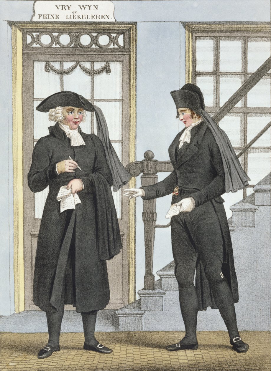 Oficiais fúnebres de Amsterdã, ilustração de &39;Coleções de trajes das províncias do norte do Reino dos Países Baixos ...&39; gravada por Villeneuve, 1828 de Bendrik Greeven