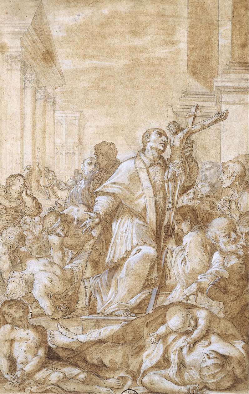 São Carlo Borromeo entre os que sofrem de peste de Benedetto Luti