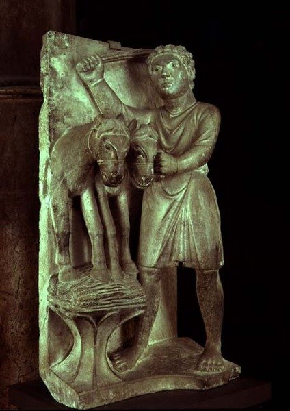 Threshing Wheat: Julho de um calendário estatuário do Laboratório dos Meses, c.1200 (pedra) de Benedetto Antelami