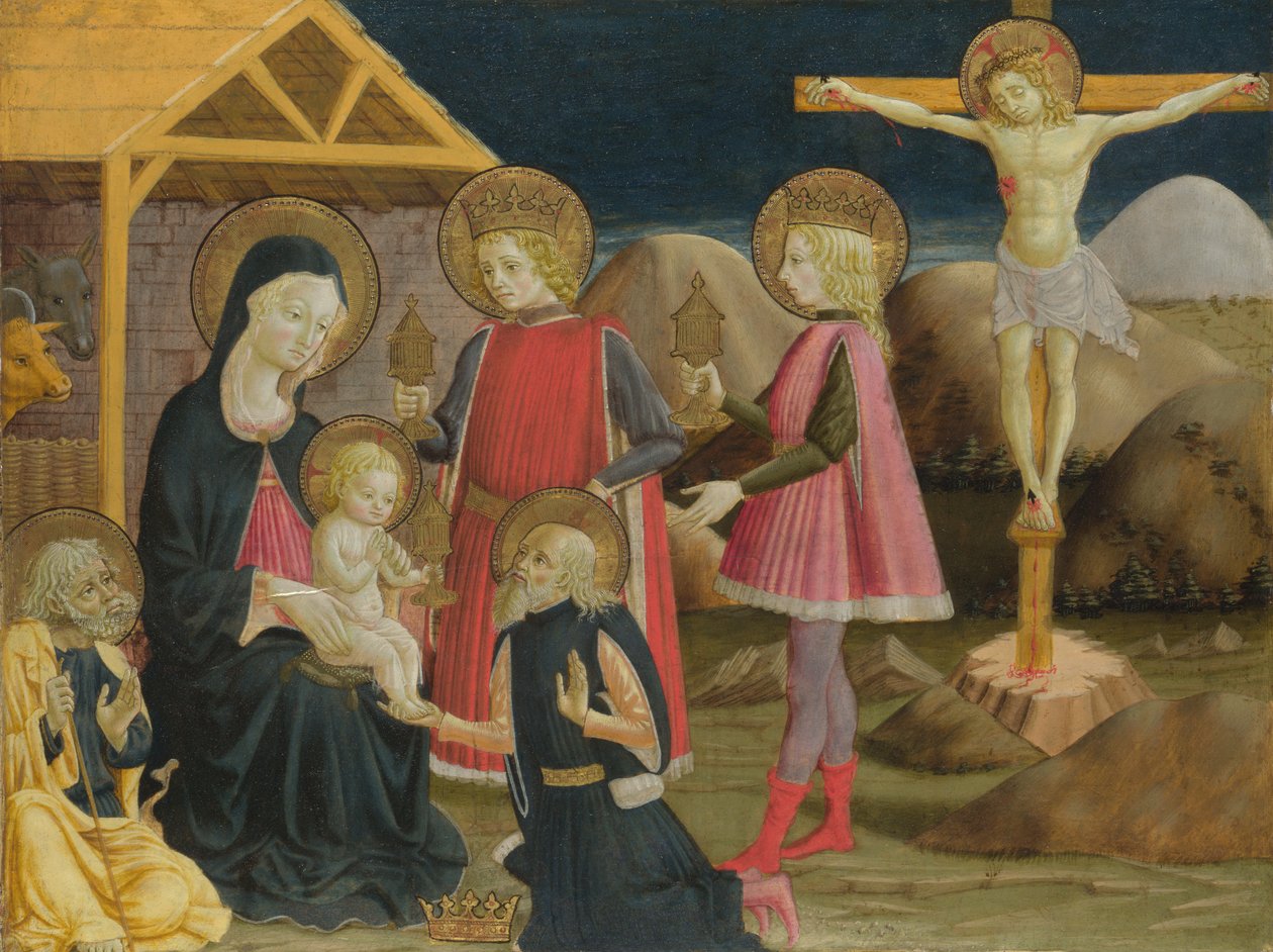 A adoração dos reis e Cristo na cruz, ca 1470 de Benedetto Bonfigli