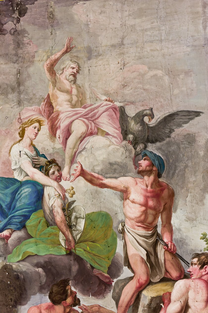 Representação alegórica do Olimpo com Júpiter, Ceres e Vulcan, detalhe da Apoteose do trabalho, agricultura, artes e ciências (fresco) de Benedetto Cotarti