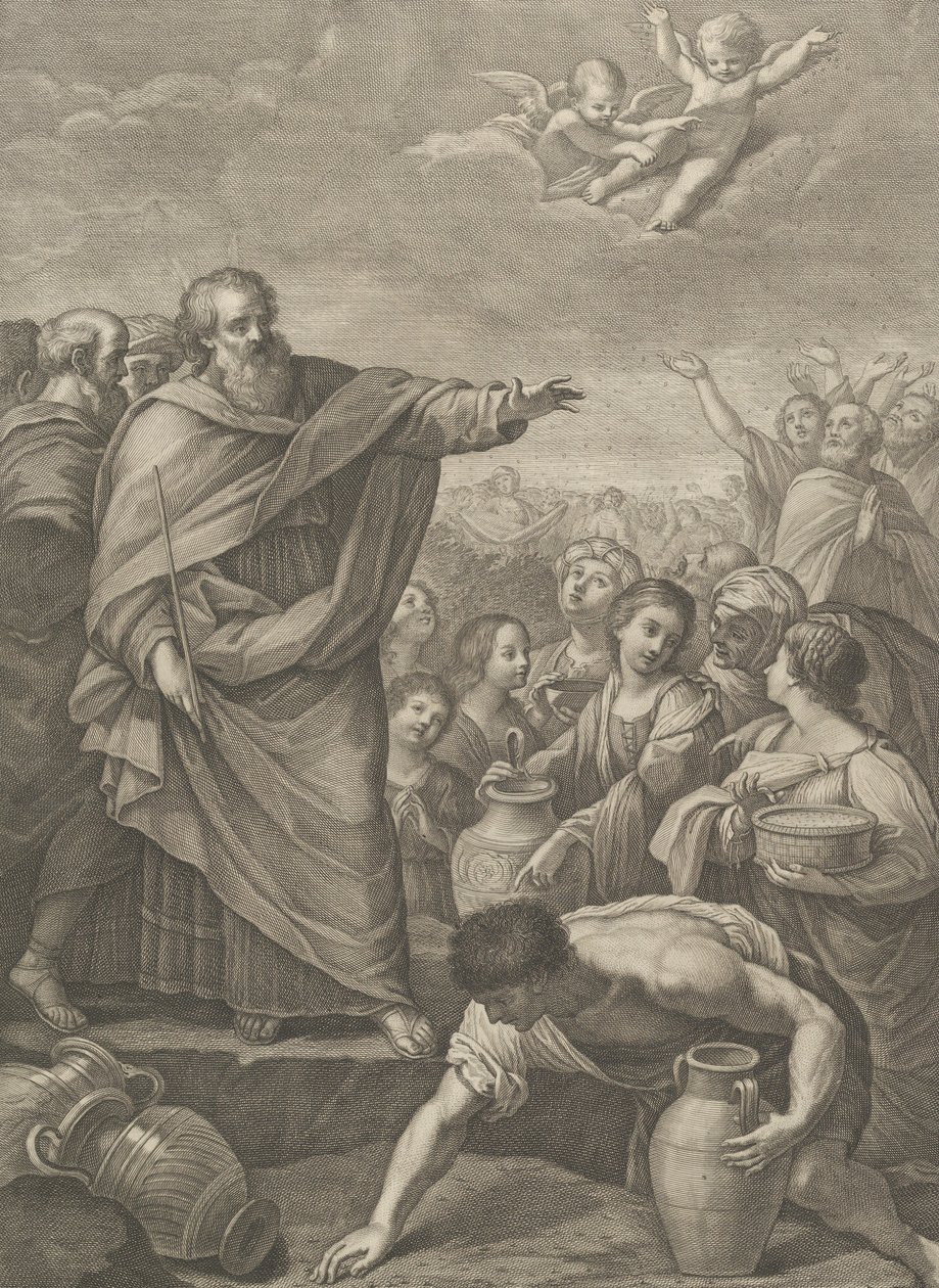 Moisés à esquerda com os israelitas que recolhem o maná ao cair do céu, dois anjos ab..., 1776 de Benedetto Eredi