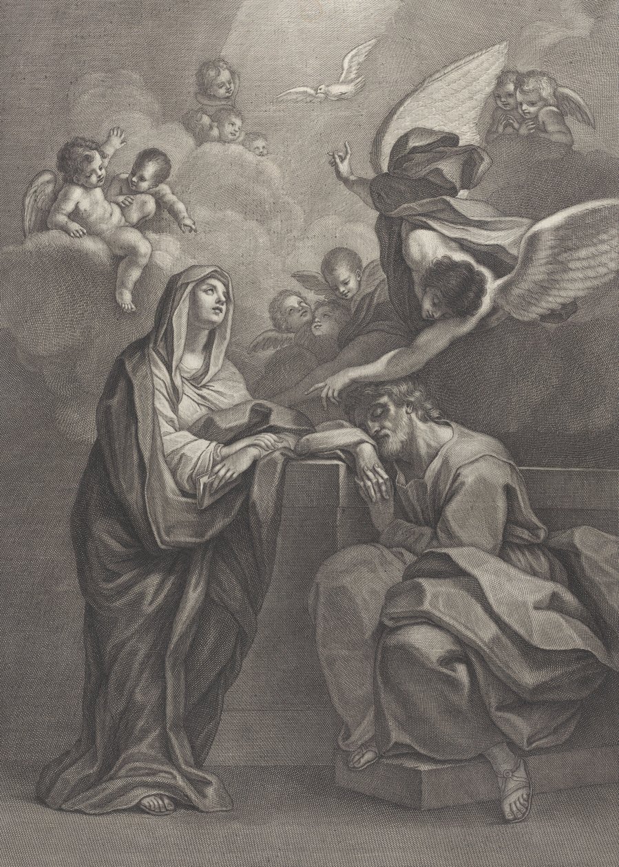 Placa 6: O sonho de São José, com a Virgem Maria à esquerda e um anjo acima que aponta ..., 1777 de Benedetto Eredi