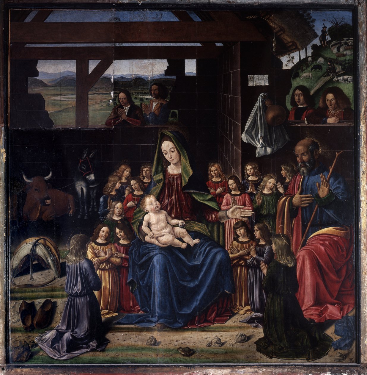 A natividade. Pintura de Benedetto Ghirlandaio (1458-1497). Óleo sobre madeira. Dim: 147x144cm. Igreja de Aigueperse de Benedetto Ghirlandaio