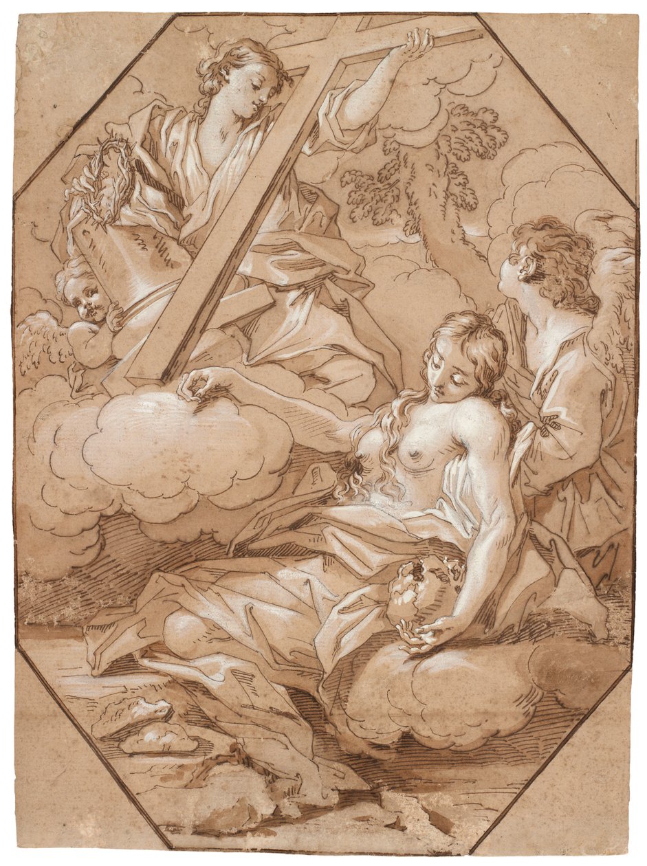 O Êxtase de Santa Maria Madalena, c.1715-19 (caneta e tinta com lavagem marrom, aumentada com branco, com linhas de moldagem octogonais de tinta marrom sobre papel) de Benedetto Luti