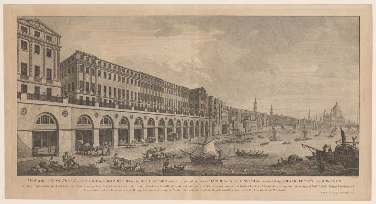 Adelphi vanaf de Thames te Londres Vista da frente sul dos novos edifícios chamados Adelphi, anteriormente Durham Yard (...) (título no objeto) de Benedetto Pastorini
